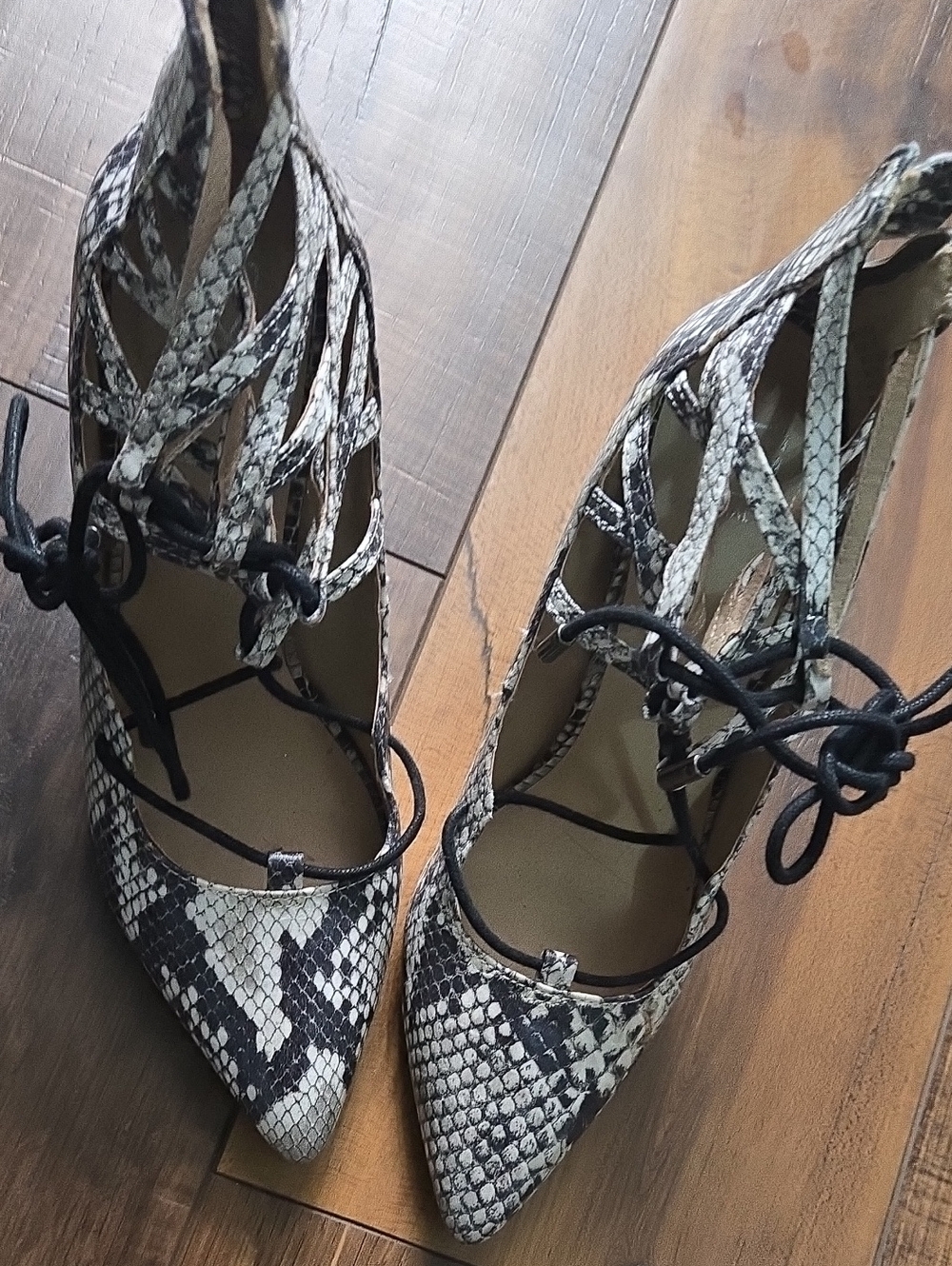 Madden GIRL Snake-Print Lace-Up Pointed Toe Heels - Black & White